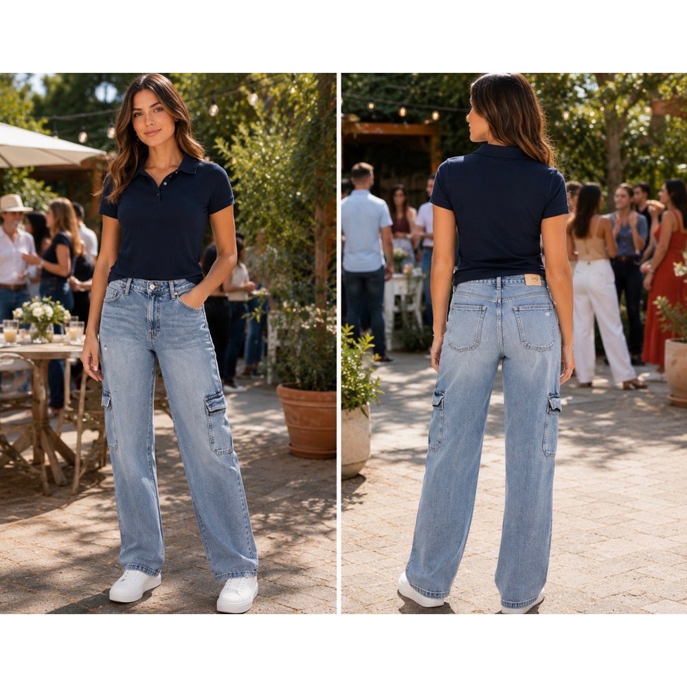 AG‎ Los Angeles Gatina Cargo Jeans Light Wash Wide Leg Blue Denim Pants
